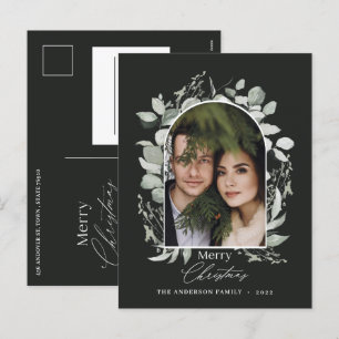 Zwarte, moderne elegante botanische groene foto feestdagenkaart