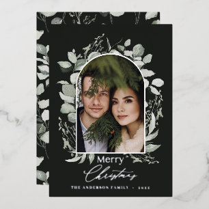 Zwarte, moderne elegante eucalyptus groene boog fo folie feestdagenkaart