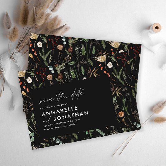 Zwarte moderne elegante moody botanische chic brui save the date