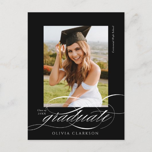 Zwarte Moderne Elegante Script Foto Afstudeerfeest Briefkaart (Voorkant)