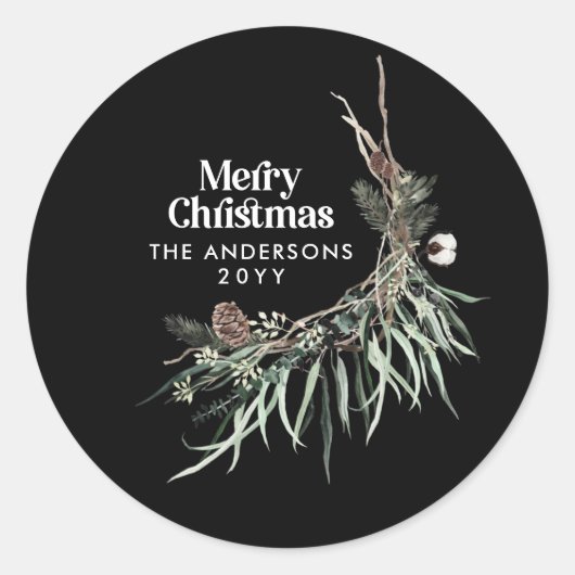 Zwarte moderne elegante waterverf botanisch ronde sticker (Voorkant)