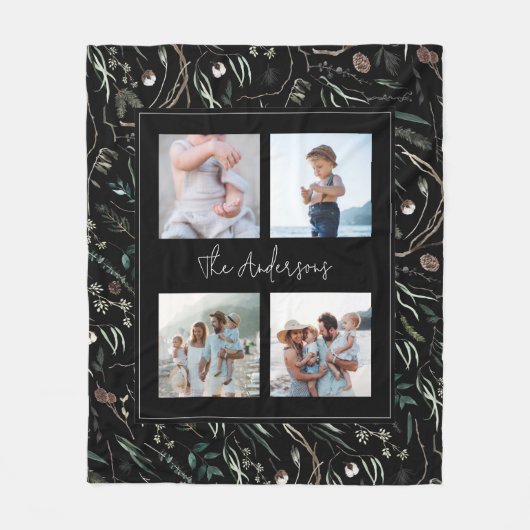 Zwarte moderne elegante waterverf botanische 4 fot fleece deken (Voorkant)
