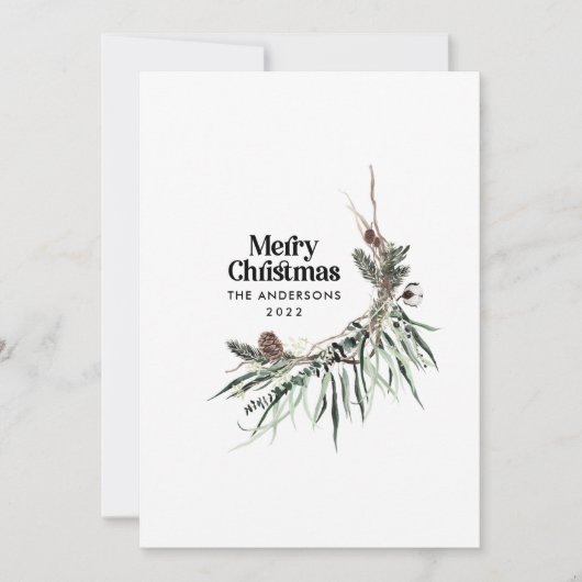 Zwarte moderne elegante waterverf botanische rusti feestdagenkaart (Voorkant)