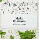 Zwarte moderne elegante waterverf botanische rusti theedoek<br><div class="desc">Zwarte,  moderne,  elegante,  rustige waterverf droogde botanische florale gedempte kleuren voor kerstvakantie.</div>