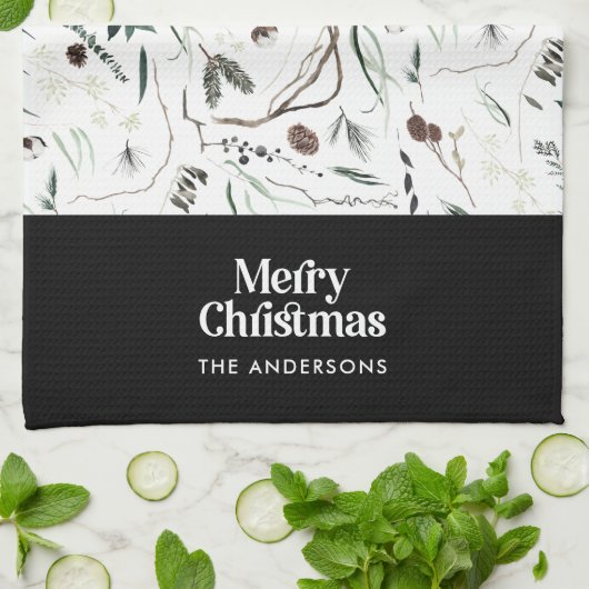 Zwarte moderne elegante waterverf botanische rusti theedoek (Gevouwen)