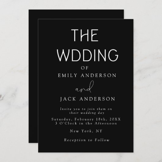 Zwarte moderne elegantie Chic bruiloft uitnodiging (Voorkant / Achterkant)
