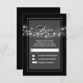 Zwarte moderne en elegante string lichten RSVP kaa (Voorkant / Achterkant)