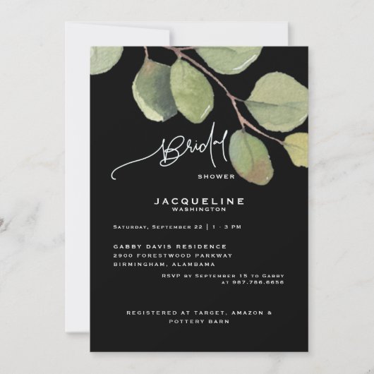 Zwarte moderne eucalyptus bruiloft uitnodiging (Voorkant)