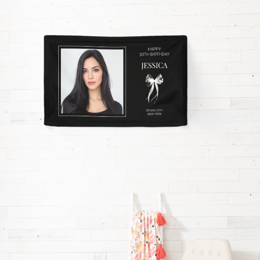 Zwarte Moderne Foto Dertig Boog Gelukkige 30ste Ve Spandoek (Insitu)