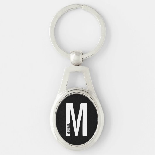 Zwarte Moderne Gepersonaliseerde Monogram en Naam Sleutelhanger (Voorkant)