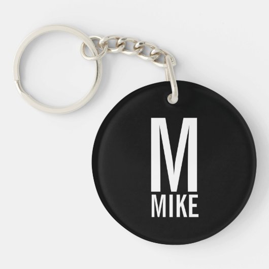 Zwarte Moderne Gepersonaliseerde Monogram en Naam Sleutelhanger (Voorkant)