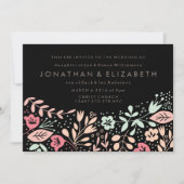 Zwarte moderne handgetekende pastel bloemige bruil kaart (Voorkant)