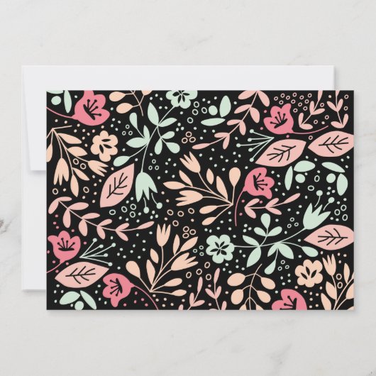 Zwarte moderne handgetekende pastel bloemige bruil kaart (Achterkant)
