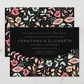 Zwarte moderne handgetekende pastel bloemige bruil kaart (Voorkant / Achterkant)