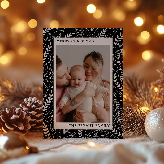 Zwarte moderne hulst en bladeren kunstwerk lijst feestdagenkaart