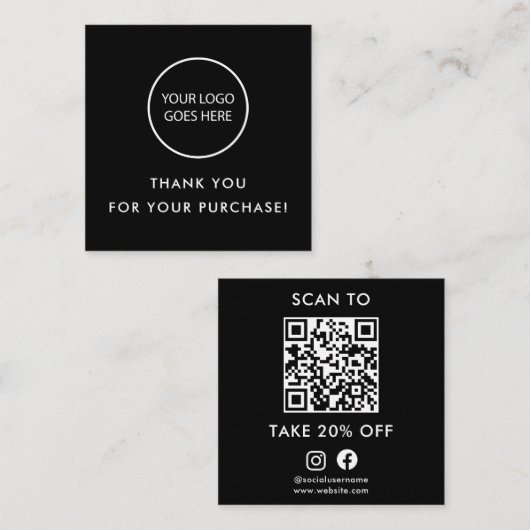 Zwarte moderne minimalistische bedank QR-code Kortingskaartje (Voorkant / Achterkant)