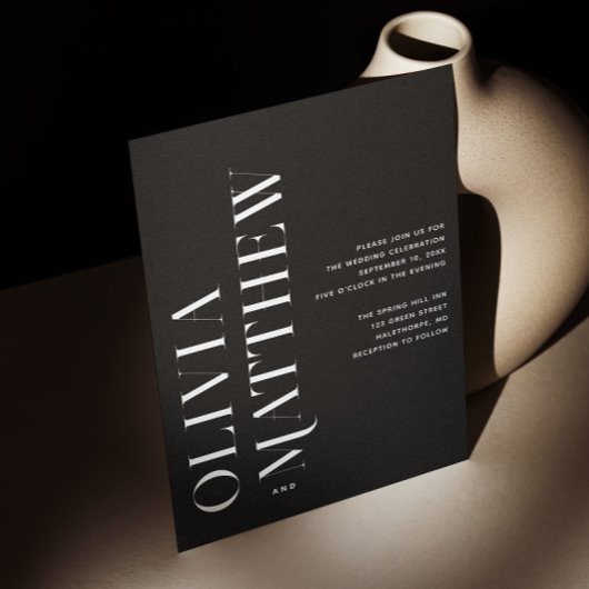 Zwarte moderne minimalistische bruiloft + QR detai Kaart