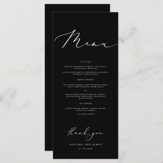 Zwarte Moderne Minimalistische Kalligrafie Trouwdi Menu (Voorkant / Achterkant)
