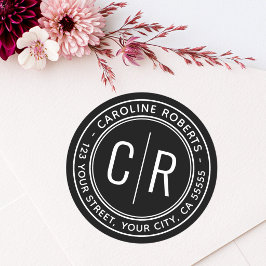 Zwarte moderne monogram initiaal retouradres ronde sticker