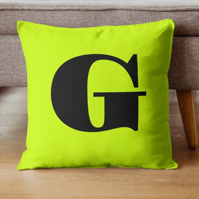 Zwarte Moderne Monogram | Neon Limoen Geel Kussen (Creator heeft geüpload)