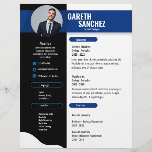 Zwarte moderne professionele CV, CV-sjabloon Flyer (Voorkant)