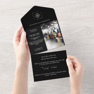 Zwarte moderne professionele zakelijke evenementon all in one uitnodiging