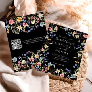 Zwarte moderne QR-code Wildflower Wedding Kaart
