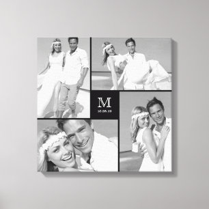 Zwarte moderne raster monogram trouw- 4 foto colla canvas afdruk