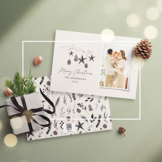 Zwarte moderne scandinavische elegante kerstfoto feestdagenkaart