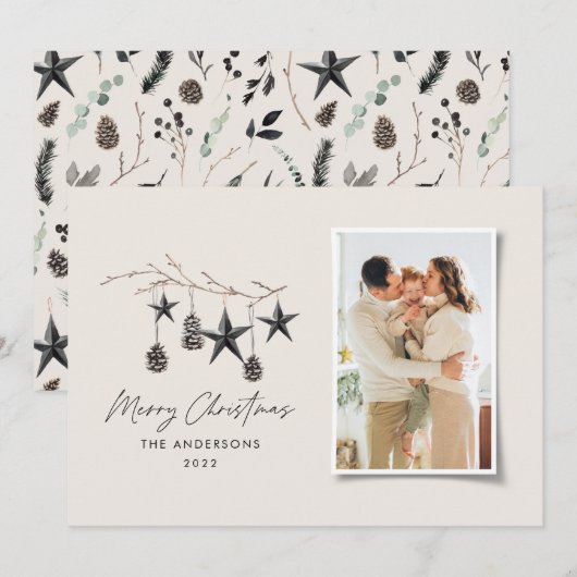 Zwarte moderne scandinavische elegante kerstfoto feestdagenkaart (Voorkant / Achterkant)