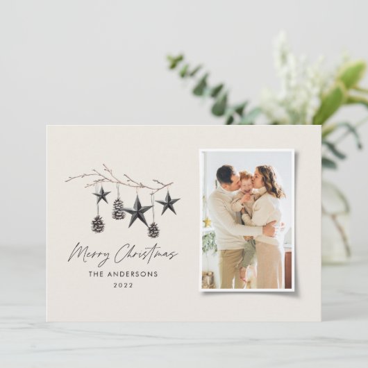 Zwarte moderne scandinavische elegante kerstfoto feestdagenkaart (Staand voorkant)