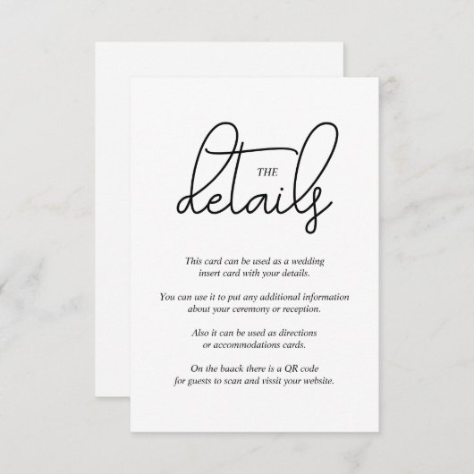 Zwarte moderne script kalligrafie op witte bruilof informatiekaartje (Voorkant / Achterkant)