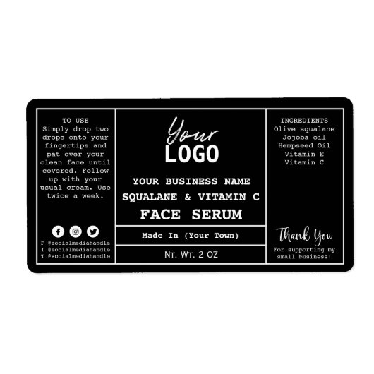 Zwarte moderne serumlabels etiket (Voorkant)