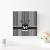 Zwarte Moderne streep met monogram Vierkante Klok (Huis)