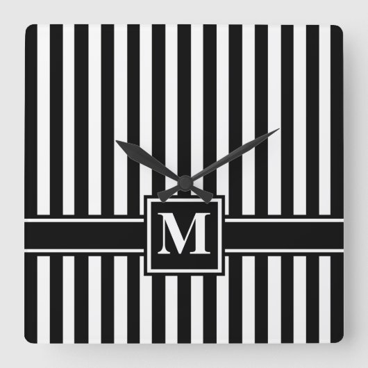 Zwarte Moderne streep met monogram Vierkante Klok (Voorkant)