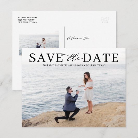 Zwarte moderne typografie Foto Save the Date Aankondigingskaart (Voorkant / Achterkant)