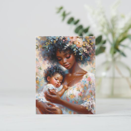 Zwarte moeder en Baby dochter Floral Art Briefkaart (Staand voorkant)