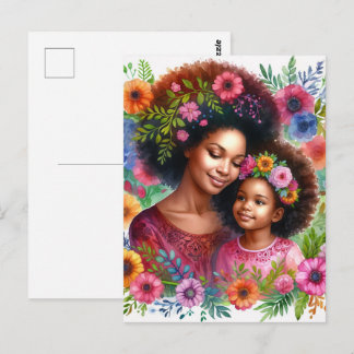 Zwarte moeder en dochter bloemenaquarel briefkaart