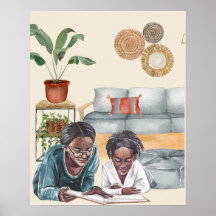 Zwarte moeder en dochter lezen samen muurkunst