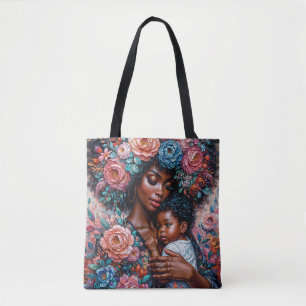 Zwarte moeder en kind Floral Portrait Art Tote Bag