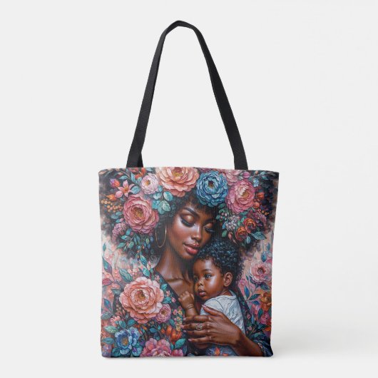 Zwarte moeder en kind Floral Portrait Art Tote Bag (Achterkant)