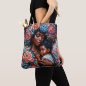 Zwarte moeder en kind Floral Portrait Art Tote Bag (Dichtbij)