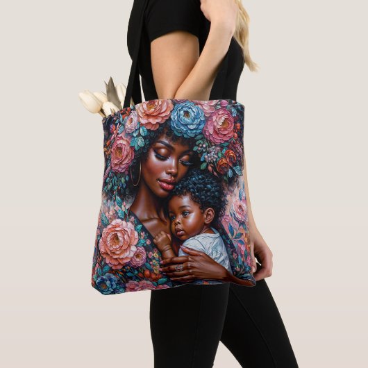 Zwarte moeder en kind Floral Portrait Art Tote Bag (Dichtbij)