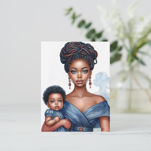 Zwarte moeder en kind in het blauw briefkaart (Staand voorkant)