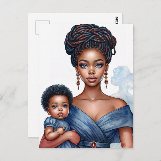 Zwarte moeder en kind in het blauw briefkaart (Voorkant / Achterkant)