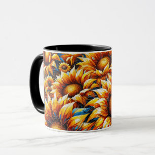 Zwarte mok met zonnebloemen in sinaasappel en geel