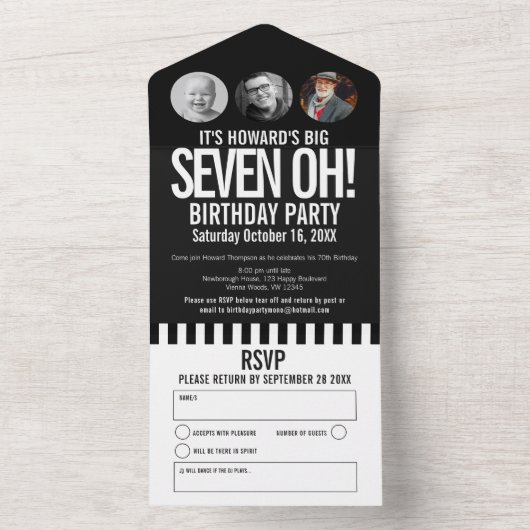 Zwarte mono foto cirkels strepen 70ste verjaardag all in one uitnodiging (Binnen)