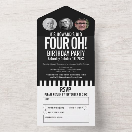 Zwarte mono fotocirkels strepen 40ste verjaardag all in one uitnodiging (Binnen)