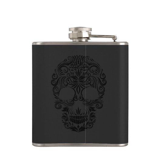 Zwarte monochromatische bloemsuikerschedel heupfles (Achterkant)