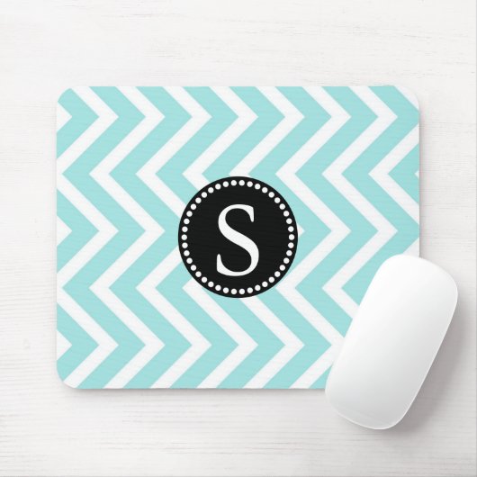 Zwarte monogram Aqua Blue & White Zigzag Pattern Muismat (Met muis)
